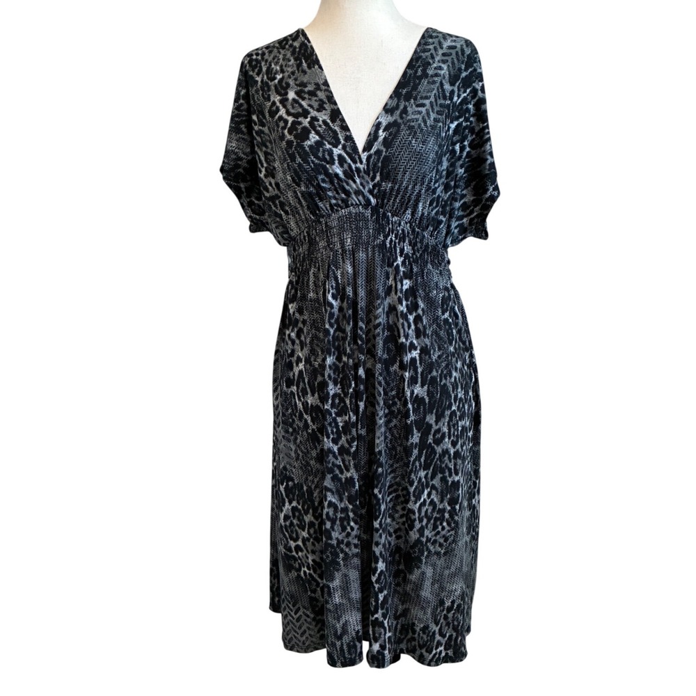 Bisou Bisou Michele Bohbot Animal Print Cutout Back Wrap Dress Gray Black Size 8